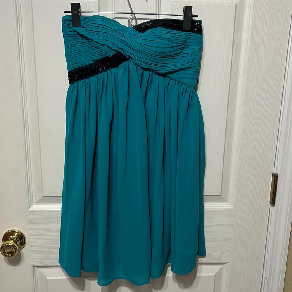 Strapless, short, teal cocktail/wedding guest dress